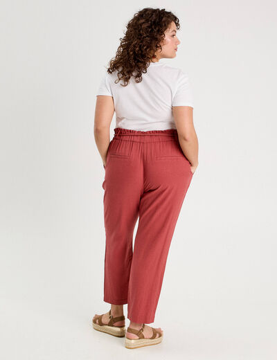 Pantalon droit fluide contenant du lin vieux rose femme