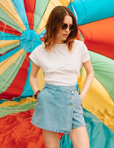 Jupe-short droite en jean denim double stone femme