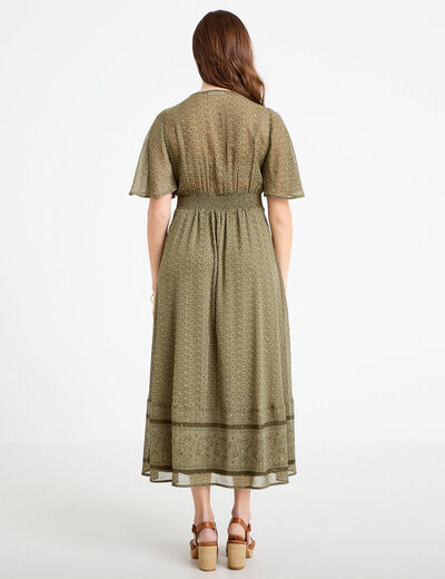 Robe longue &eacute;vas&eacute;e col v voile vert kaki femme
