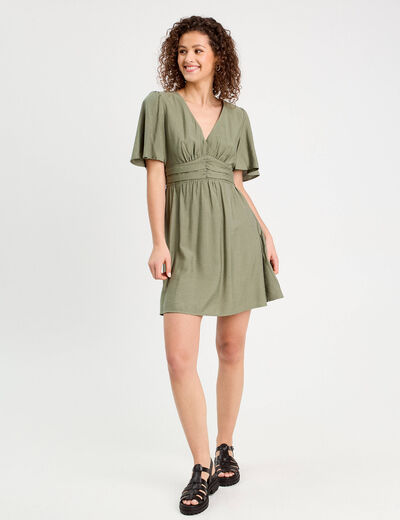 Robe évasée avec fronces vert kaki femme