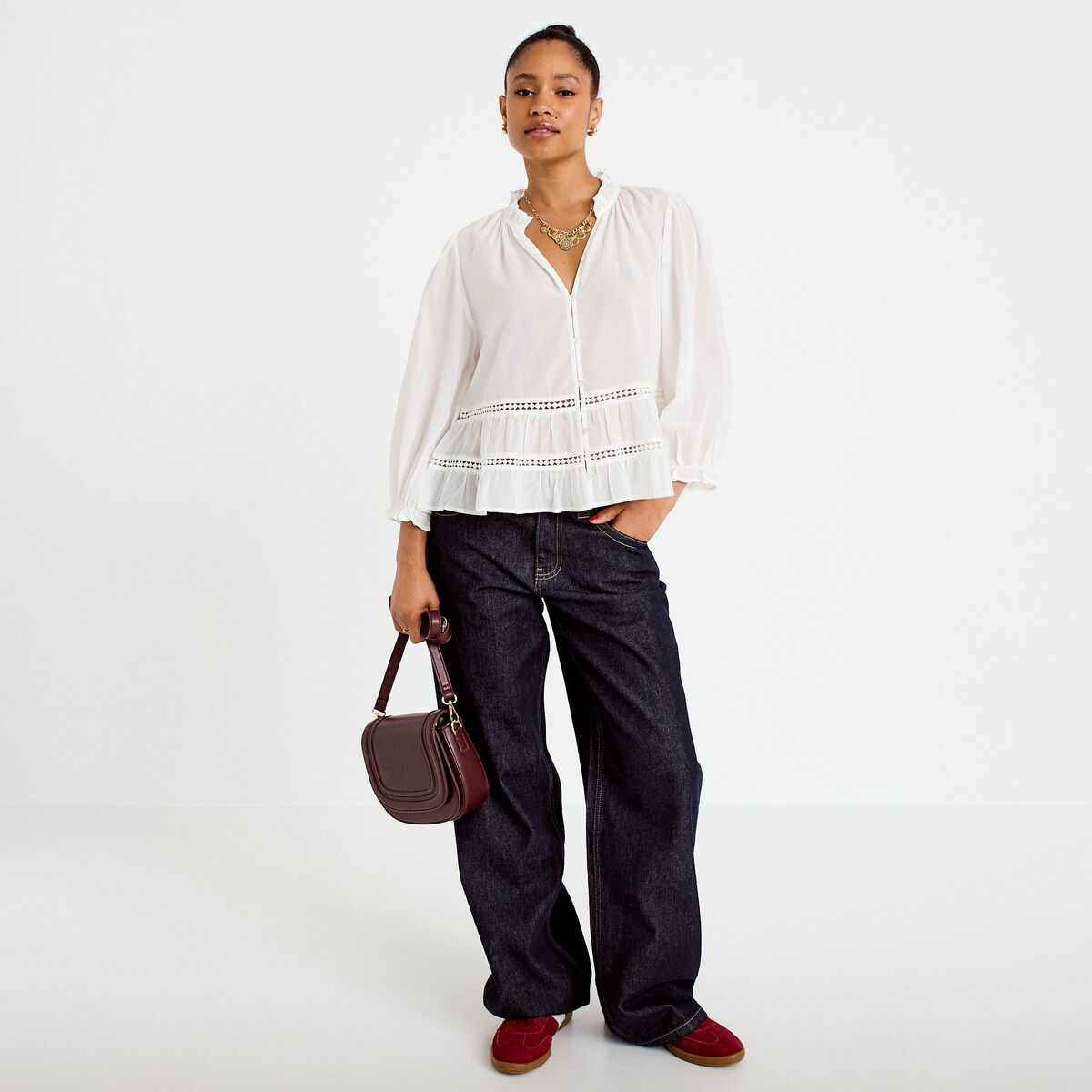 Blouse cintr&eacute;e col v manches 3/4 ecru femme