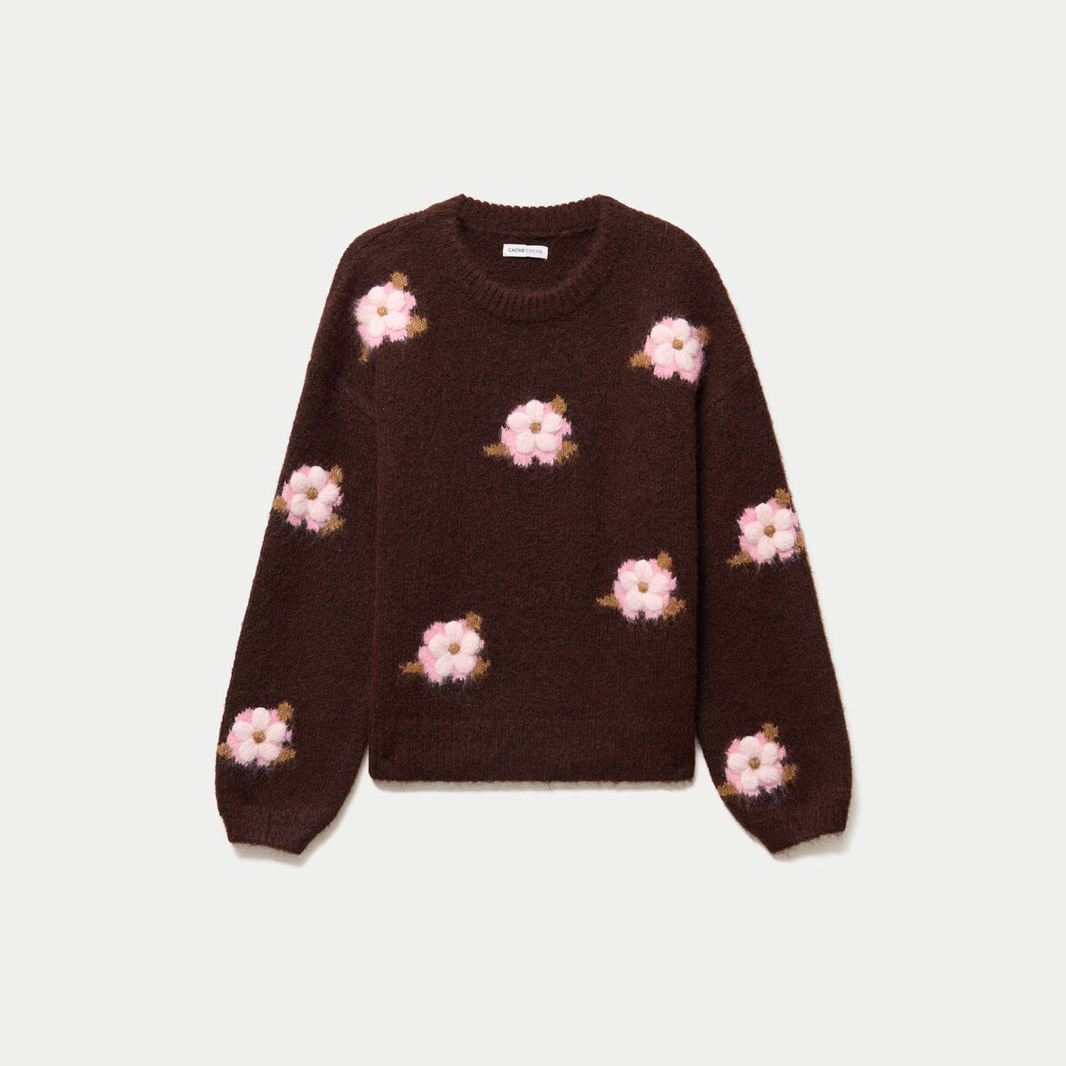 Pull ample col rond manches longues marron fonc&eacute; femme