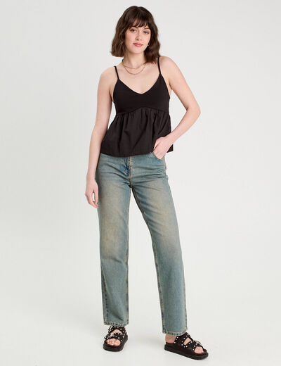 Jeans droit bride arrière denim bleach femme