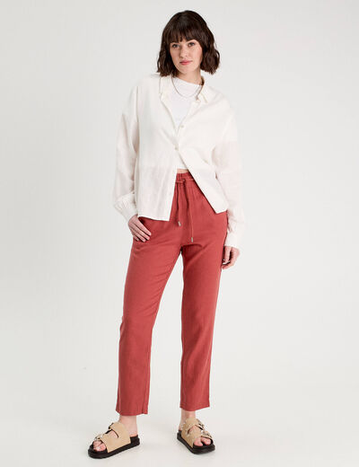 Pantalon droit fluide contenant du lin vieux rose femme