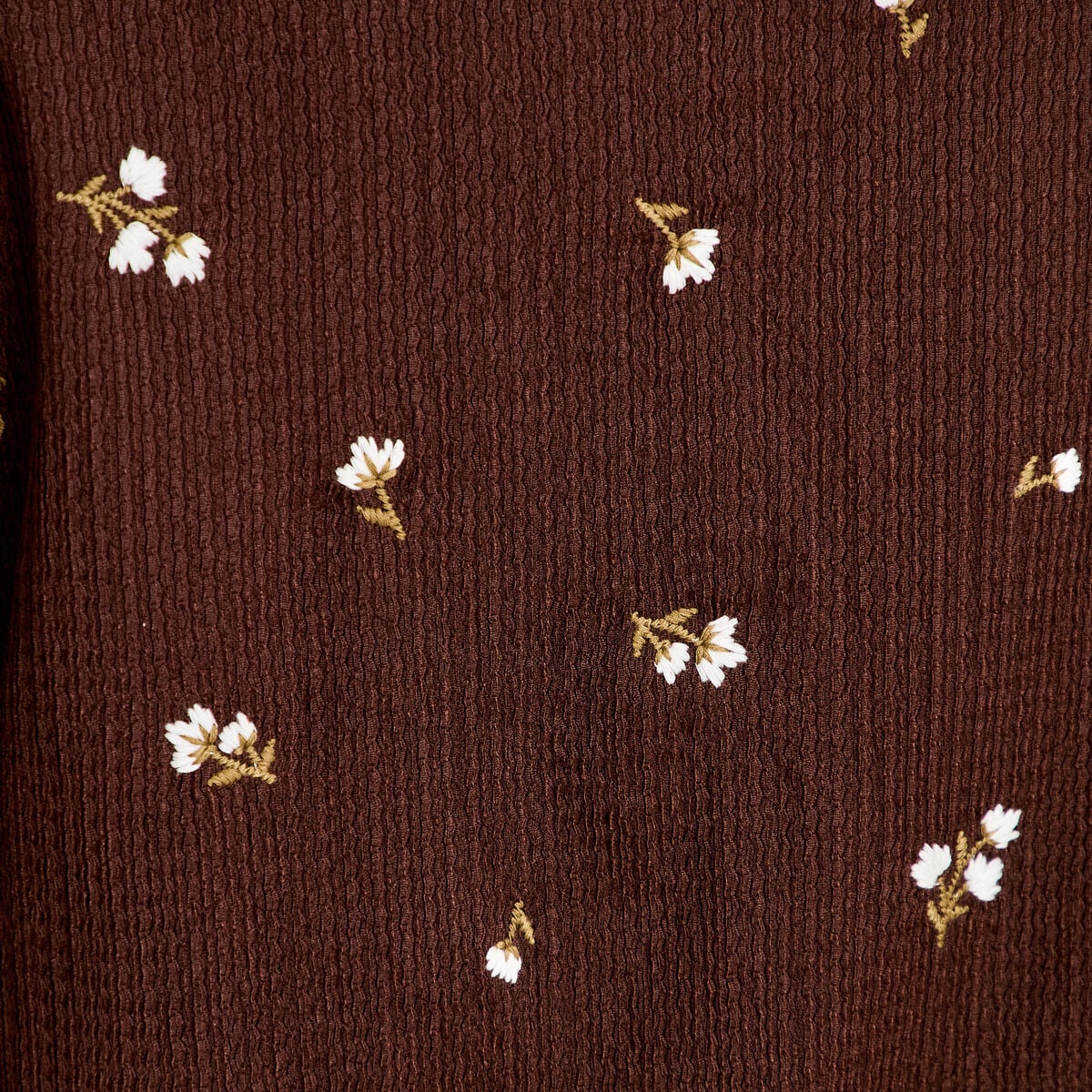 Chemise droite broderie manches longues marron fonc&eacute; femme