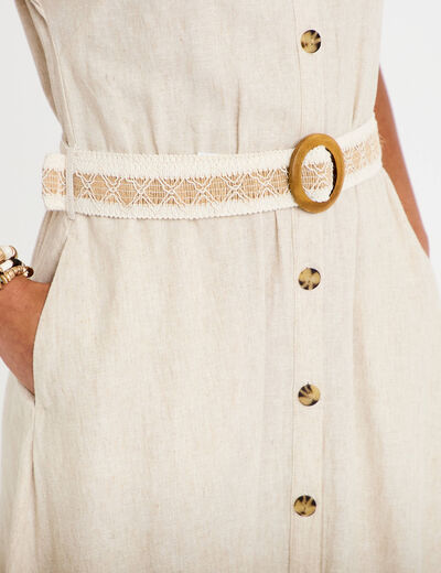Robe &eacute;vas&eacute;e 3/4 col chemise ceinture beige femme