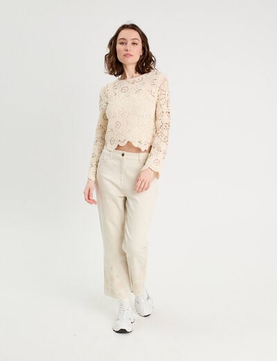 Pull ajouré effet crochet ecru femme