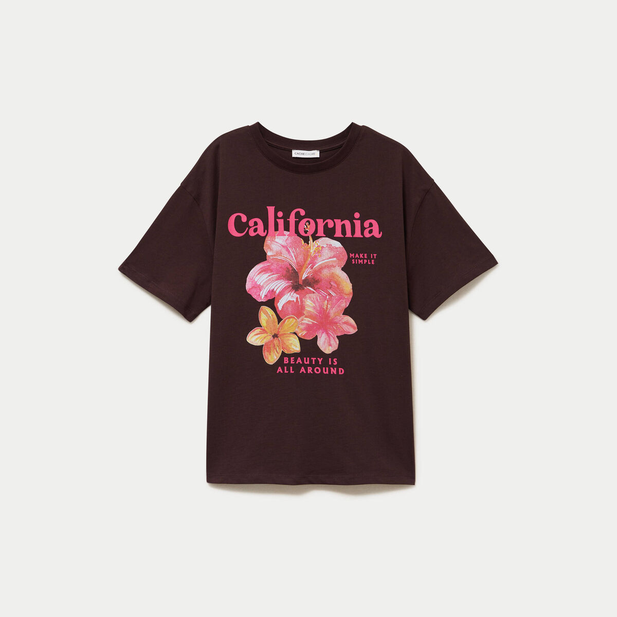 T-shirt col rond manches courtes marron femme