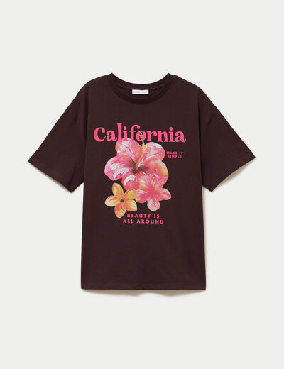 T-shirt col rond manches courtes marron femme