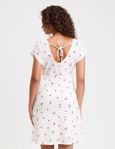 Robe courte évasée col v manches courtes blanc femme