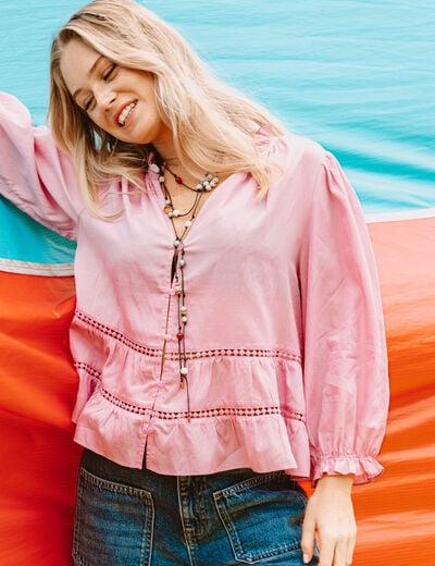 Blouse cintr&eacute;e col v manches 3/4 mauve femme