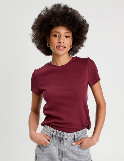 T-shirt manches courtes côtelé prune femme