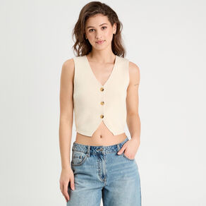 Gilet sans manches col en V ecru femme