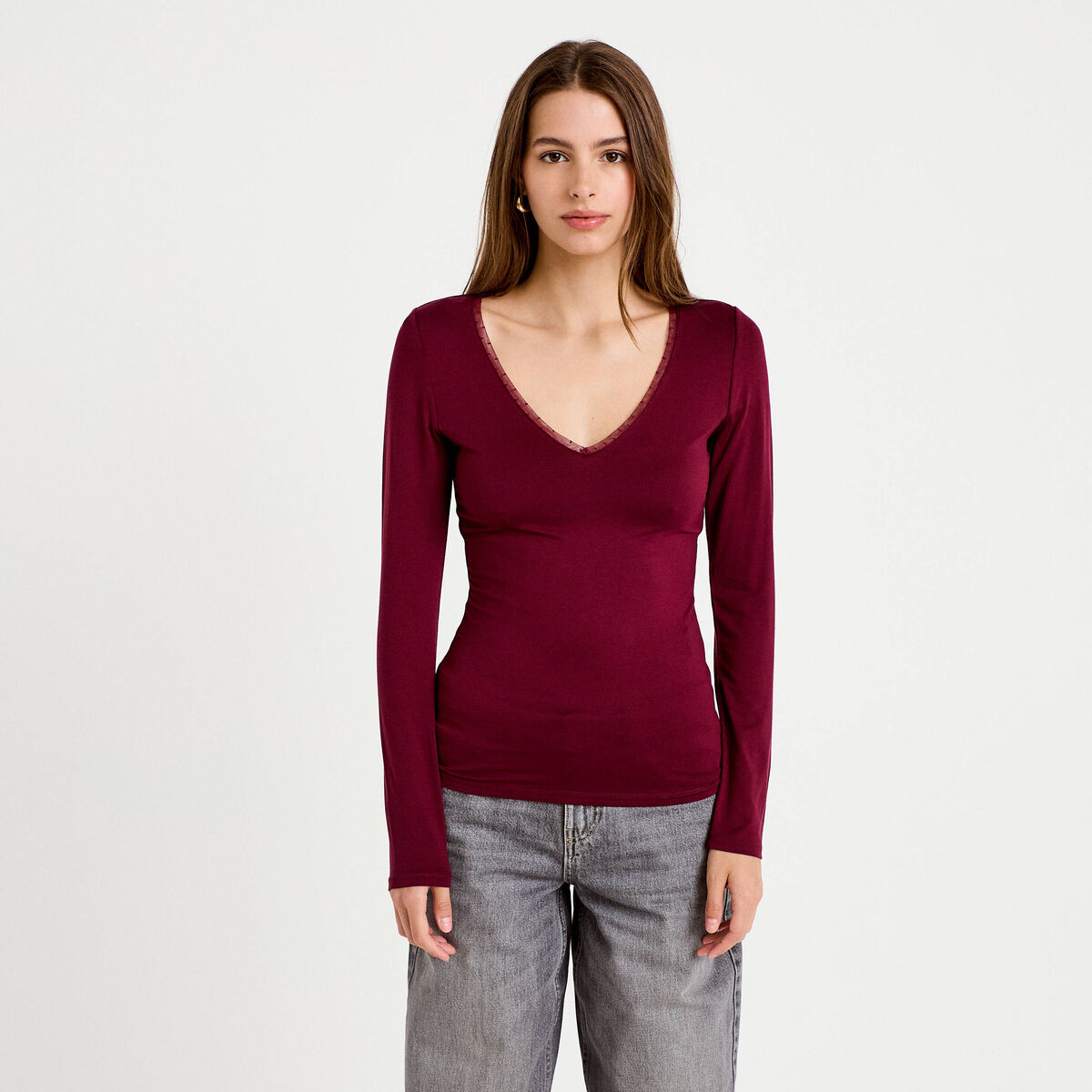 T-shirt thermique col en V plumetis bordeaux femme