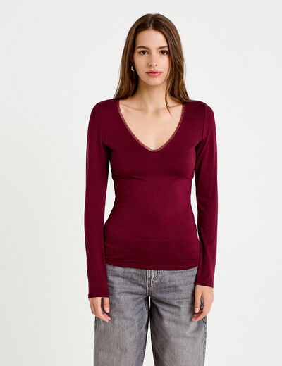 T-shirt thermique col en V plumetis bordeaux femme