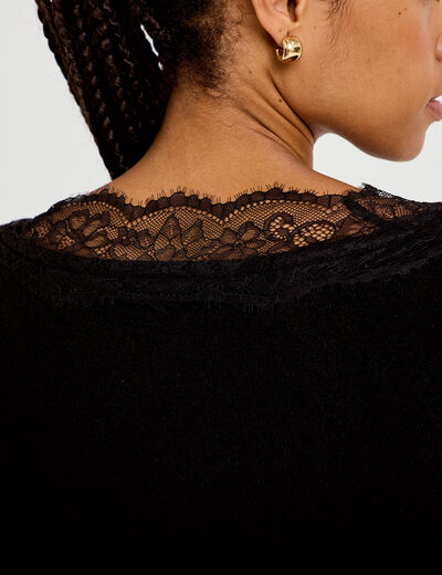 Pull col v manches longues dentelle noir femme