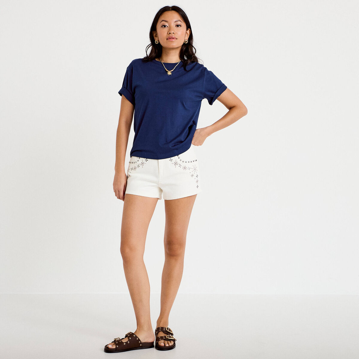 Short en jean avec broderie ecru femme
