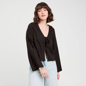 Blouse nouée mélange lin noir femme
