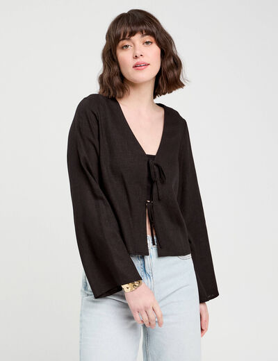 Blouse nouée mélange lin noir femme
