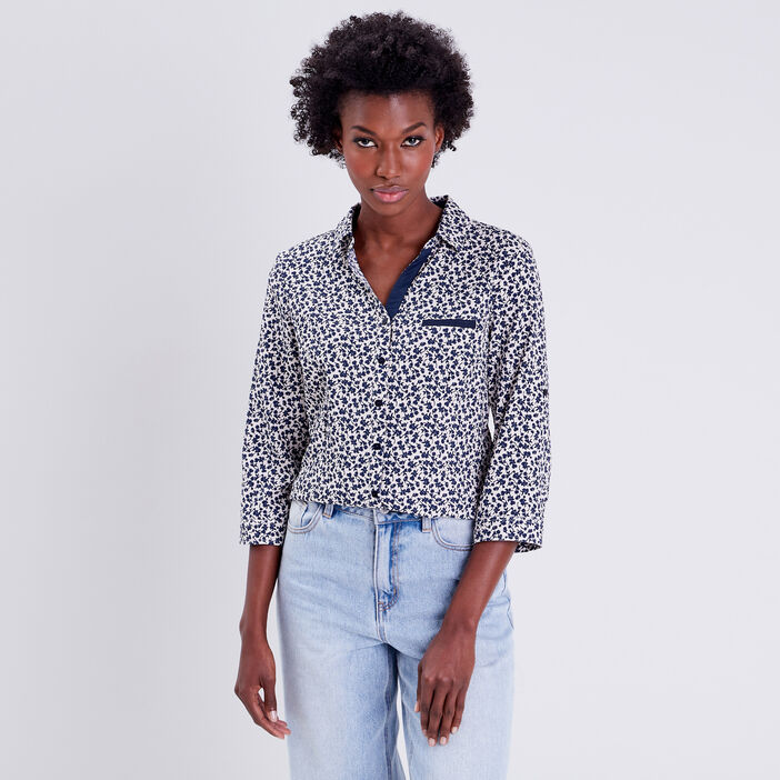 Blouse manches 3/4 bleu marine femme
