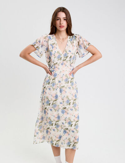 Robe évasée col v manches courtes blanc femme
