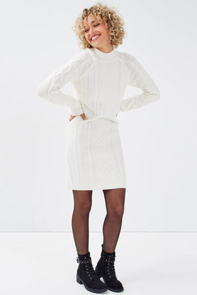 Robe pull droite avec torsades ecru femme