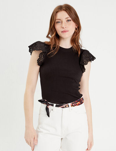 T-shirt manches courtes côtelé noir femme