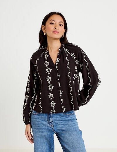 Blouse droite col am&eacute;ricain broderie noir femme