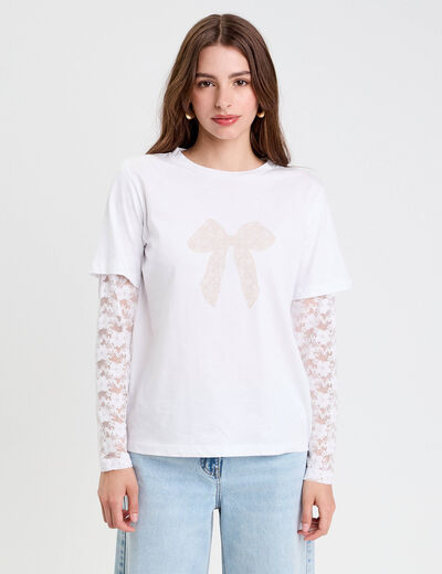 T-shirt droit court col rond dentelle blanc femme