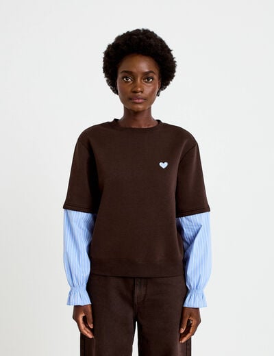Sweat bi-mati&egrave;re manches longues marron fonc&eacute; femme