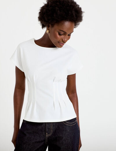 Top ajust&eacute; col rond manches courtes ecru femme