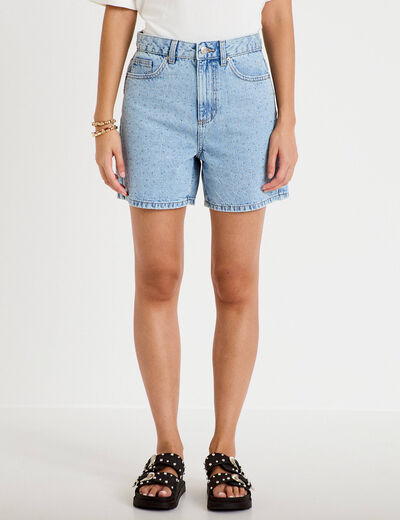 Short mom taille haute en jean strass denim triple stone femme