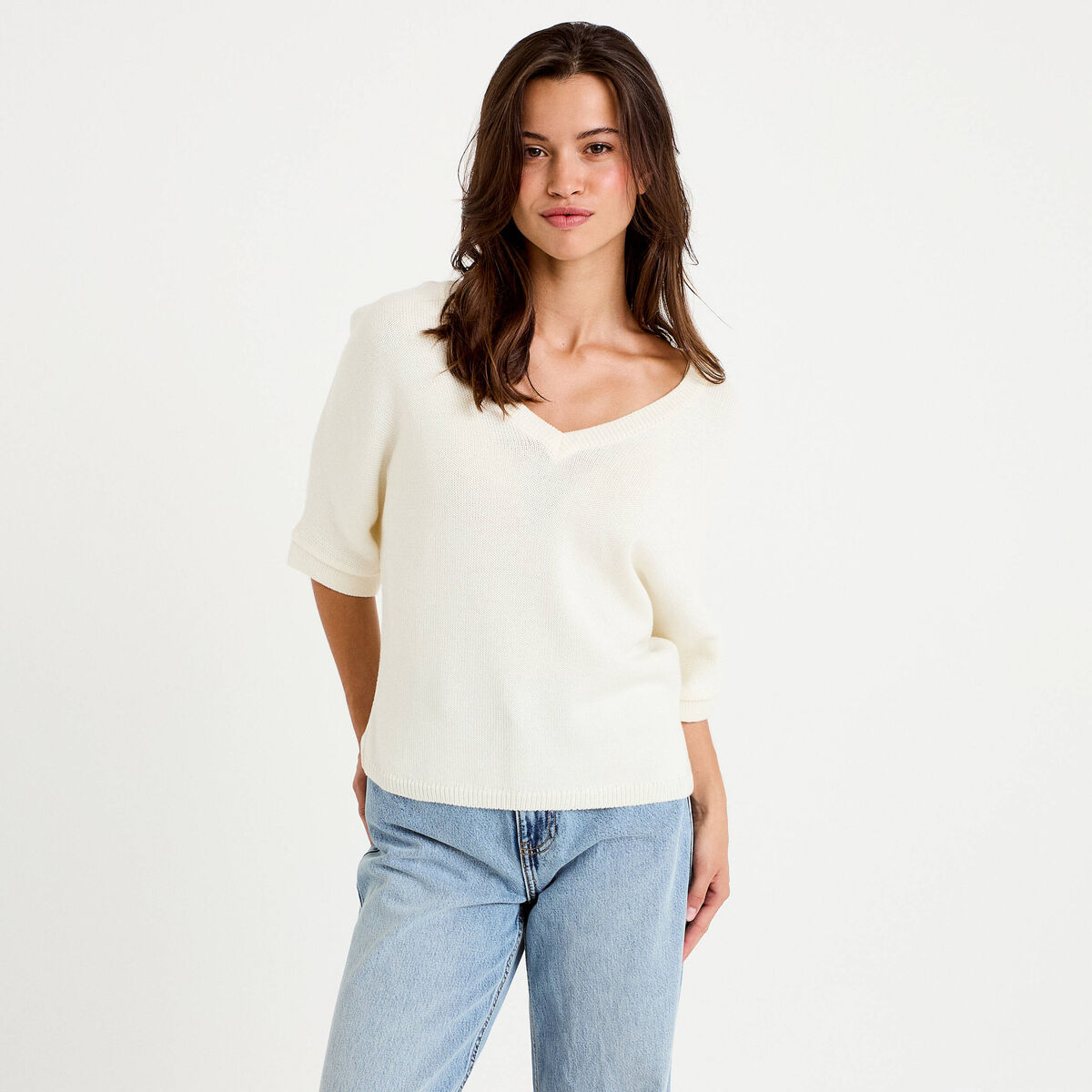 Pull ample col v manches courtes blanc femme