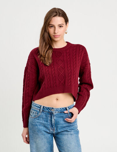 Pull avec torsades rouge foncé femme