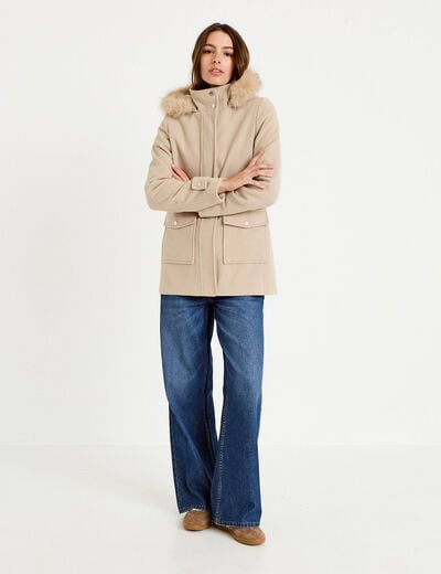 Manteau mi-long &agrave; capuche beige femme