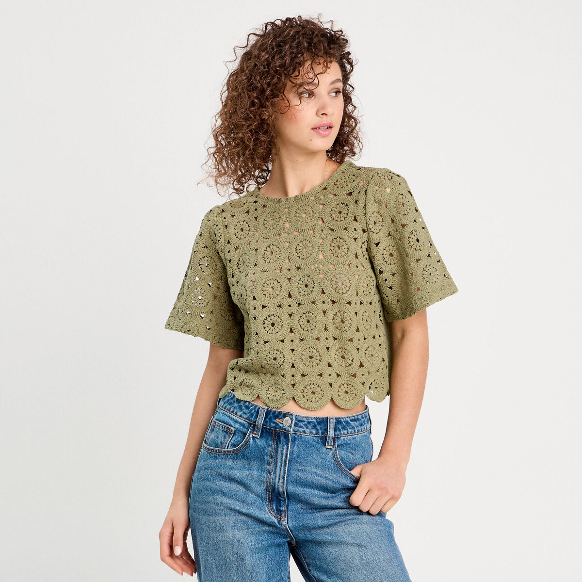 T-shirt macramé col rond vert kaki femme
