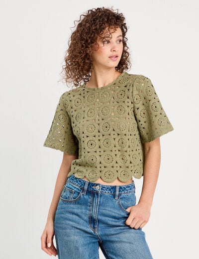 T-shirt macramé col rond vert kaki femme