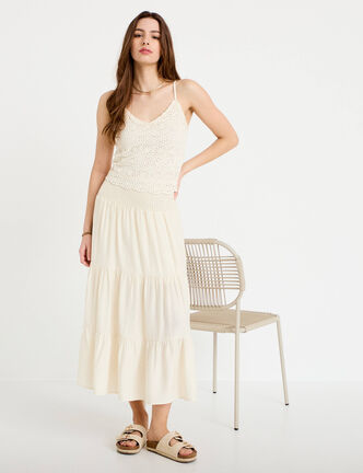 Jupon &eacute;vas&eacute; taille haute ecru femme