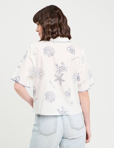 Chemise manches courtes brodée bleu marine femme