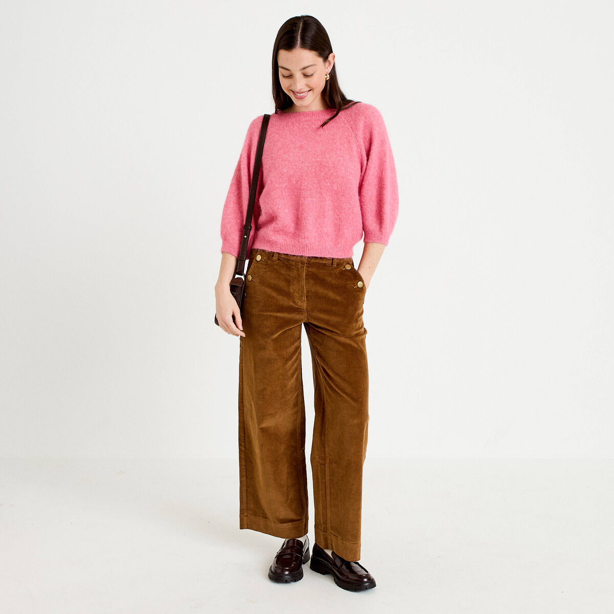 Pantalon bootcut taille haute velours marron femme