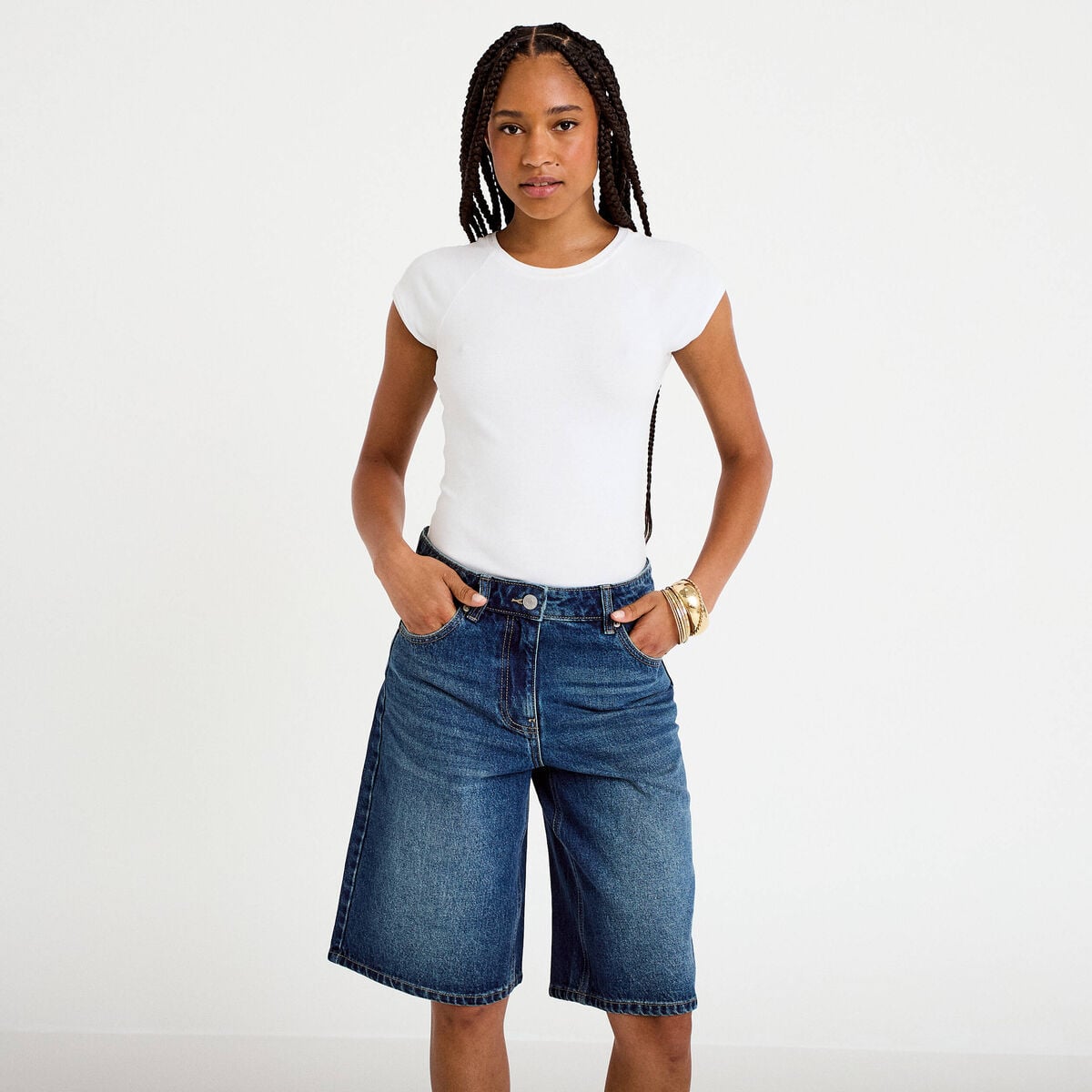 Bermuda en jean bleu fonc&eacute; femme