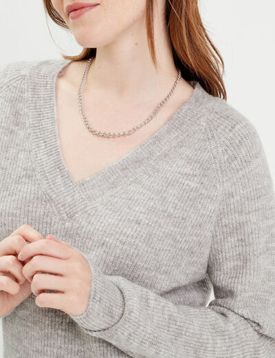 Pull avec col en V gris foncé femme