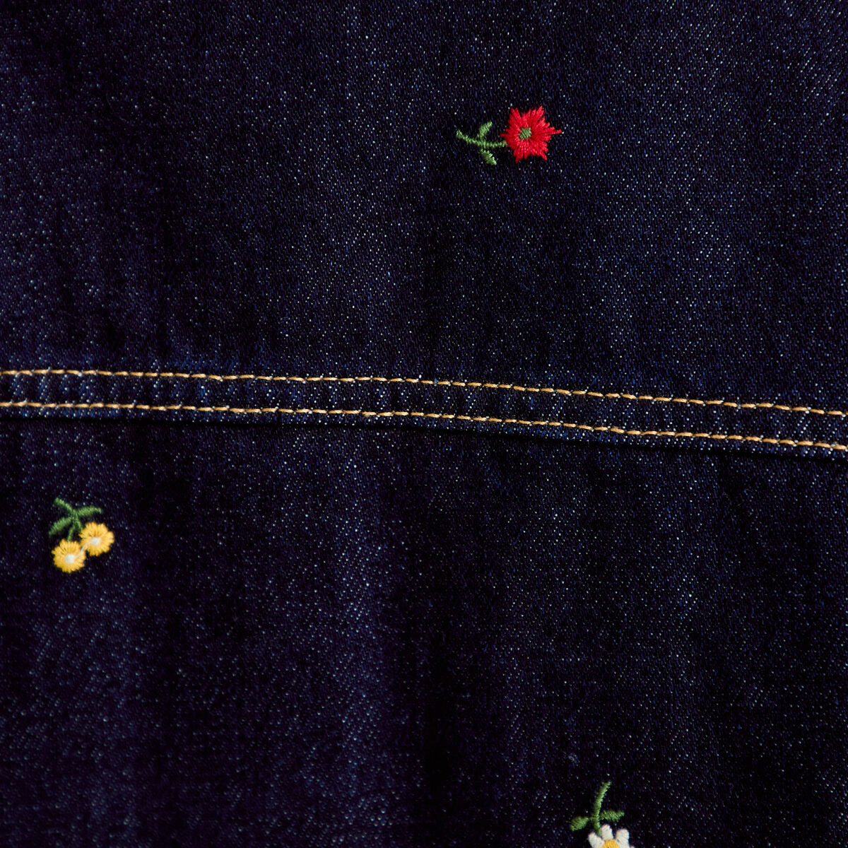 Robe courte &eacute;vas&eacute;e en jean brod&eacute;e bleu marine femme
