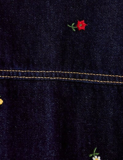 Robe courte &eacute;vas&eacute;e en jean brod&eacute;e bleu marine femme