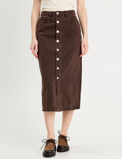 Jupe midi droite en jean marron foncé femme