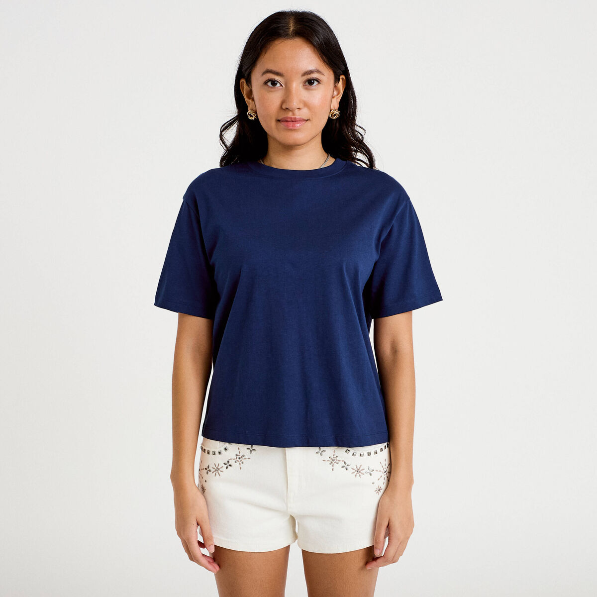 T-shirt col rond manches courtes bleu fonc&eacute; femme