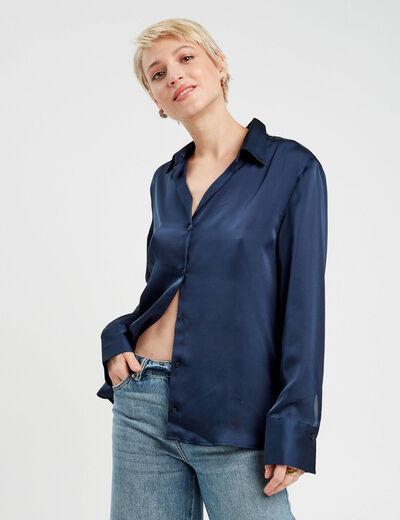 Chemise manches longues satin bleu marine femme