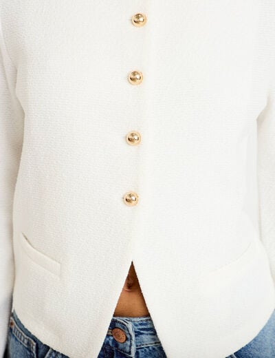 Veste tweed droite cropped col rond ecru femme