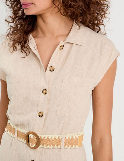 Robe chemise midi contenant du lin beige femme