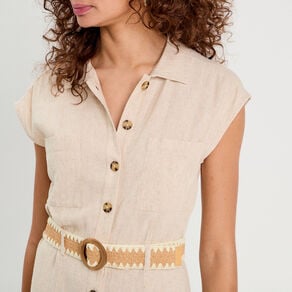 robe chemise midi contenant du lin beige femme Robe chemise midi contenant du lin beige femme